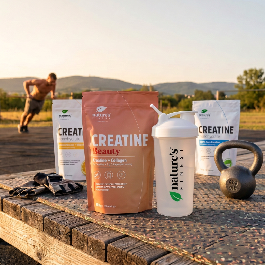 Nature’s Finest Creatine range (Monohydrate, Lemon, Beauty) styled outdoors with shaker and kettlebell