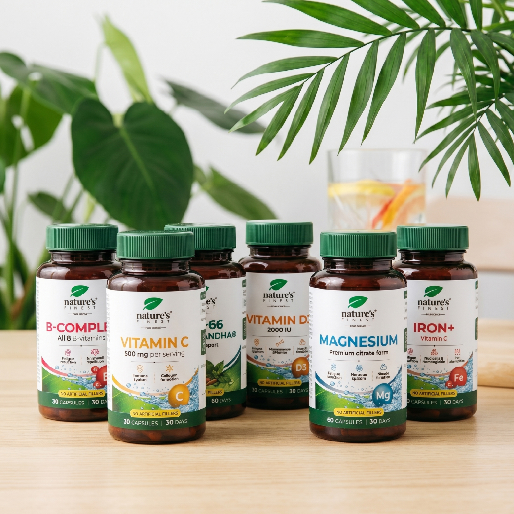 Nature’s Finest vitamin bottles (B-Complex, Vitamin C, D3, Magnesium, Iron+) on a wooden table with plants