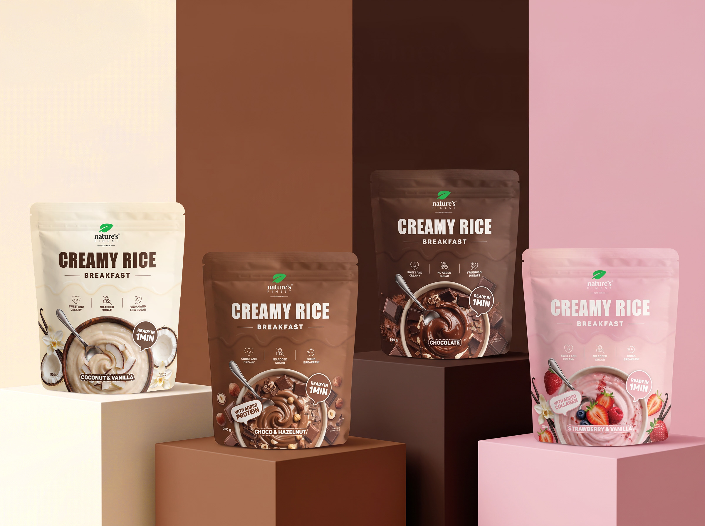 Four Nature’s Finest Creamy Rice Breakfast pouches (Chocolate, Strawberry & Vanilla, Coconut & Vanilla, Choco & Hazelnut) on staggered color-matched pedestals